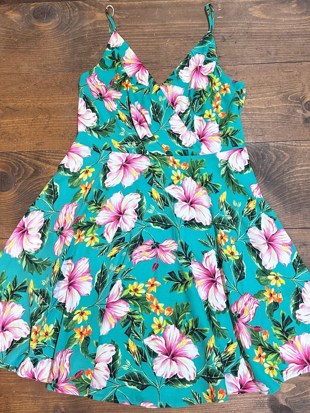 Express Teal Floral Mini Dress with Pink & Yellow Blooms